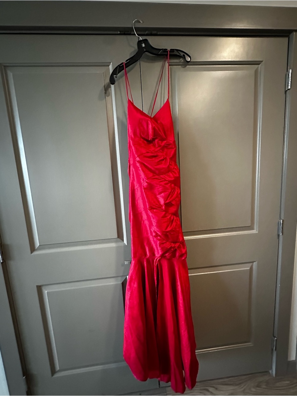 Satin Red Spaghetti-Strap Evening Dress